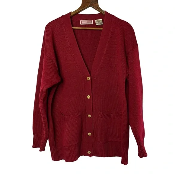 Vintage Oversized Slouchy Knit V Neck Cardigan Sweater Academia Burgandy Red - Picture 3 of 13